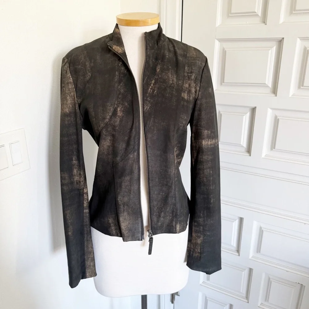 Cigno Nero Black Leather Jacket Fitted Coat Metallic Gold Size 40